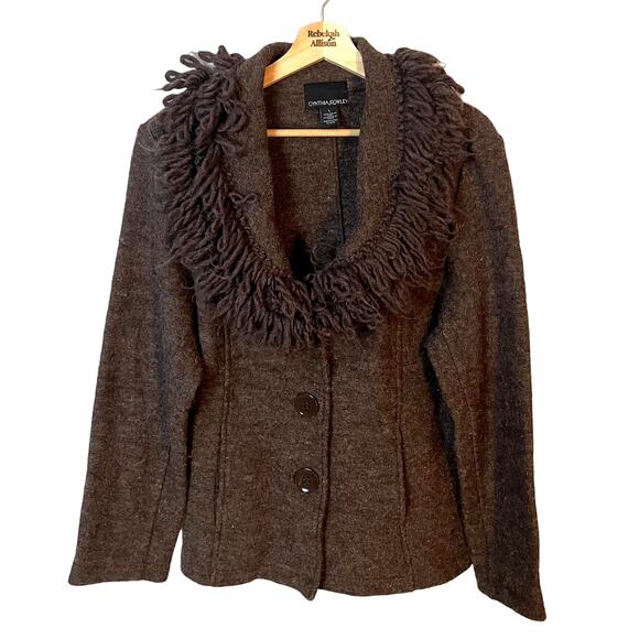 Cynthia Rowley 100% Boiled Wool Brown Sweater w/ Fringe Neckline SZ Large - Picture 1 of 10